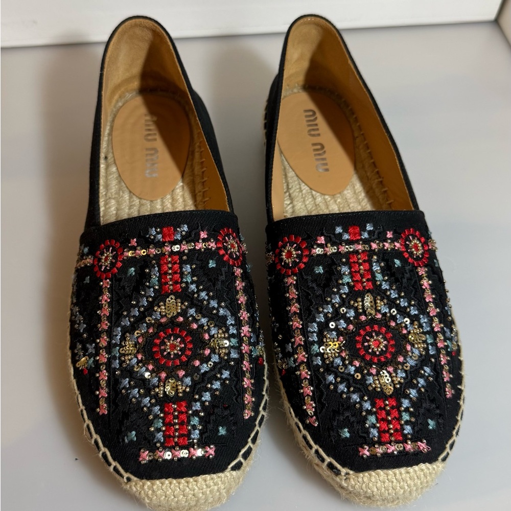 Miu Miu Black and Red Embroidered Espadrilles